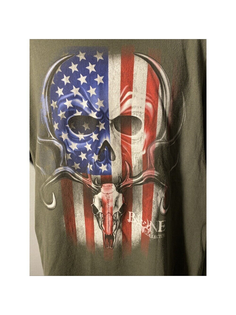 Bone Collector Men's T Shirt‎ Green American Flag Skull Cotton Size XL
